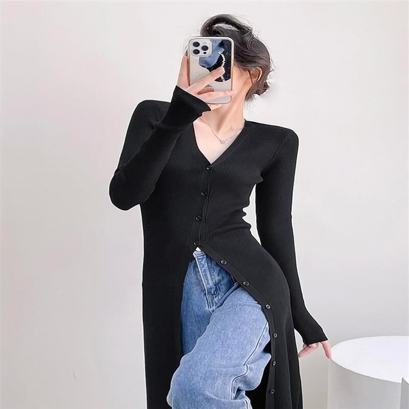V领针织开衫中长款外套女2025春夏罩衫长修身显瘦气质包臀连衣裙