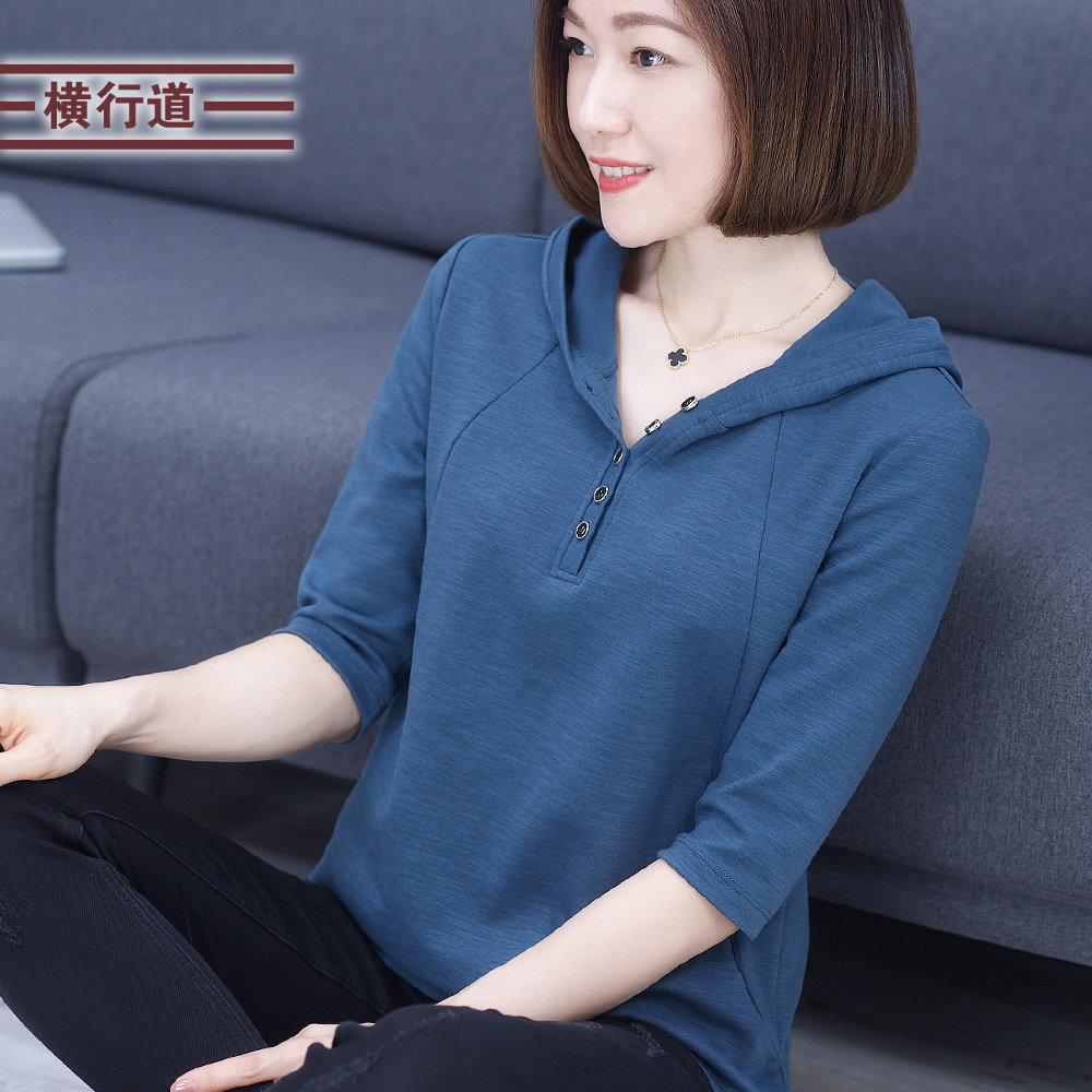中袖T恤女装帽衫上衣纯棉大码宽松连帽七分袖打底衫薄款胖mm开衩