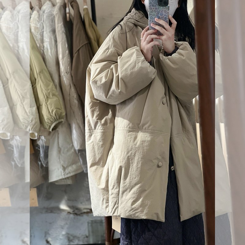 杏色连帽中长款棉衣棉服女冬季日系休闲宽松高级感超好看加厚外套