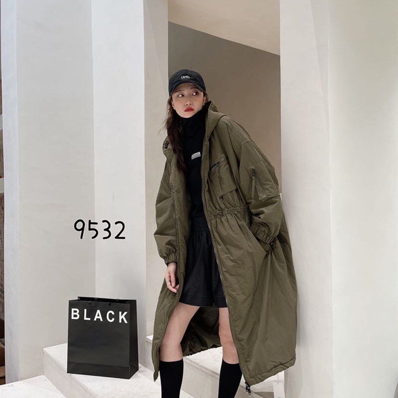 佤萨女装冬新9532韩版日系文艺拉链抽绳高腰中长款连帽外套女棉服