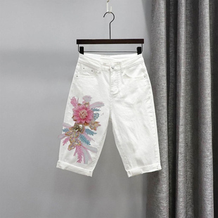 百搭宽松显瘦直筒中裤 新款 女2024夏季 重工外穿牛仔白色休闲五分裤