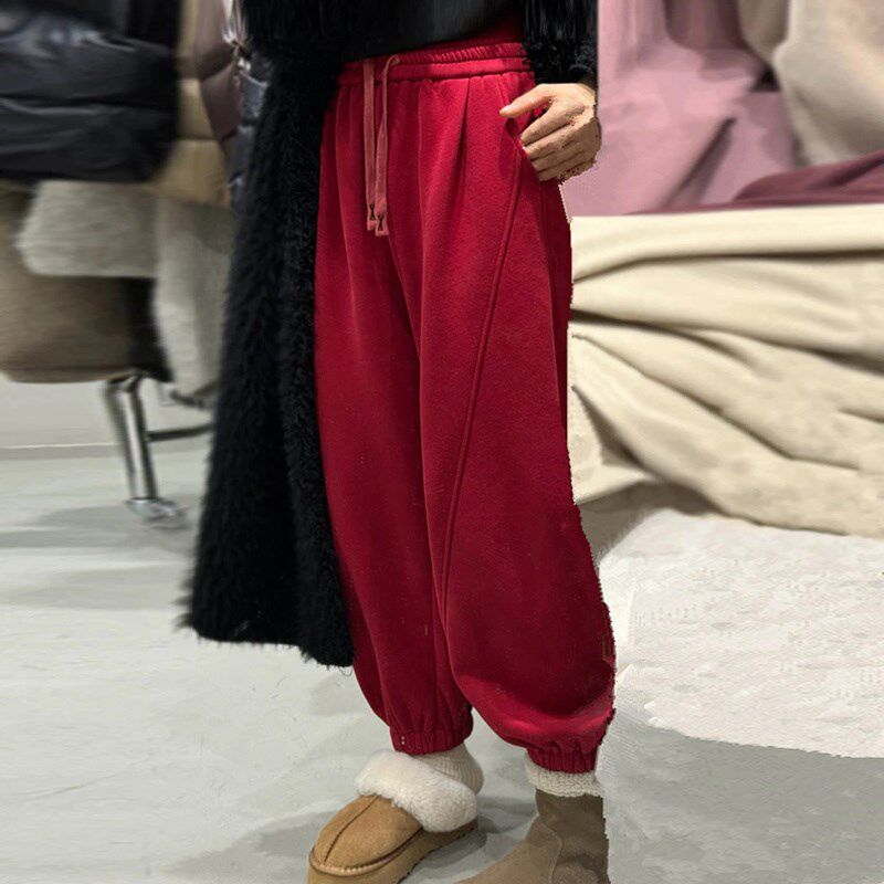 秋冬宽松红色宽松加绒保暖卫裤女欧货高腰束脚裤加厚运动休闲裤子