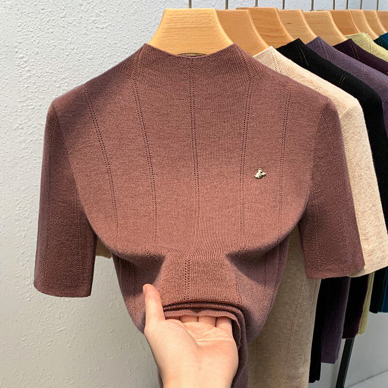 半高领五分袖高端薄款羊毛针织衫女2024春秋新款半袖咖啡色打底衫