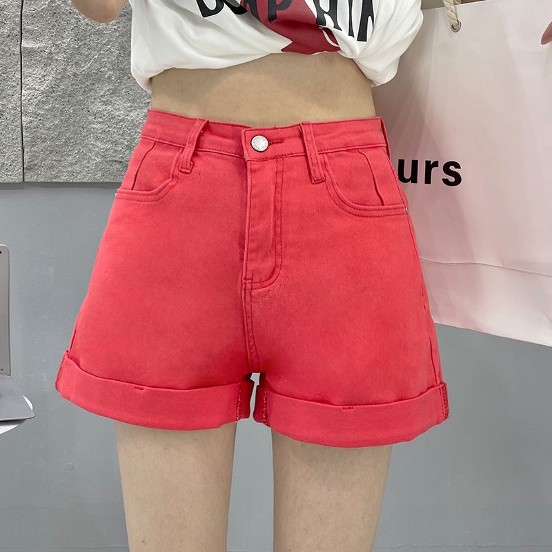 夏季彩色牛仔短裤女高腰高弹力A字百搭显瘦学生彩色紧身热裤包臀