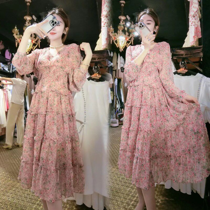 2024夏季新款韩版长袖防晒甜美碎花连衣裙女仙女雪纺中长款花裙子