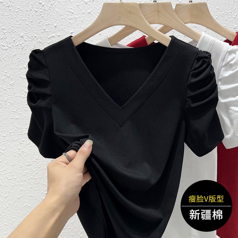 2025夏季新款气质泡泡袖五分长袖v领t恤短袖女法式鸡心领纯棉上衣