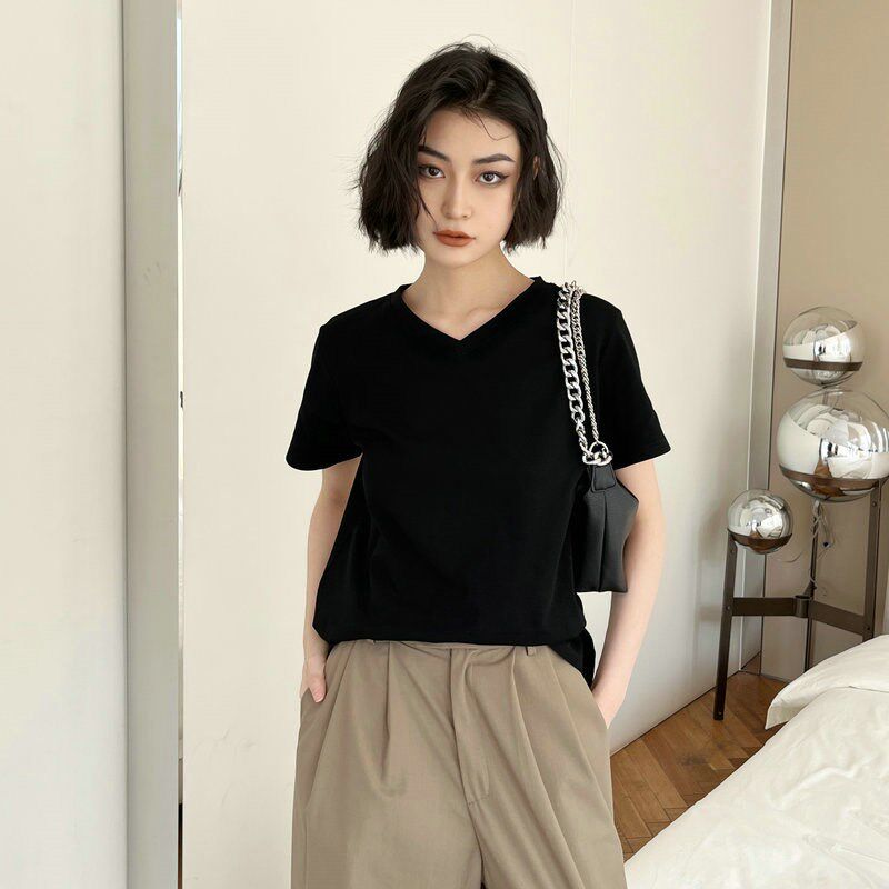 春夏黑色短袖宽松V领半袖百搭白色纯棉t恤上衣女装显瘦纯色打底衫