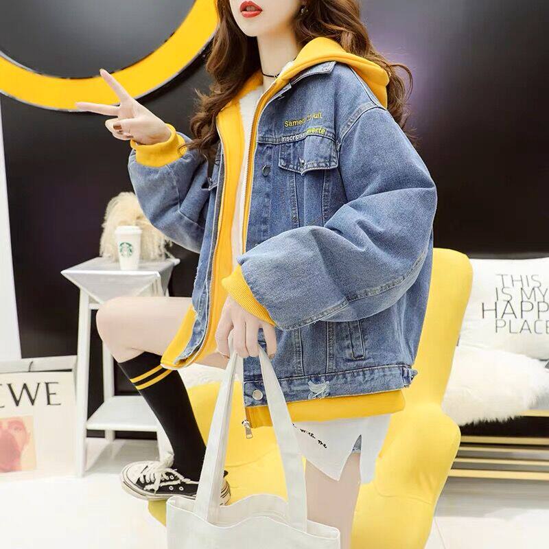 加绒加厚牛仔外套女韩版宽松2023新款秋冬连帽百搭时尚假两件棉衣