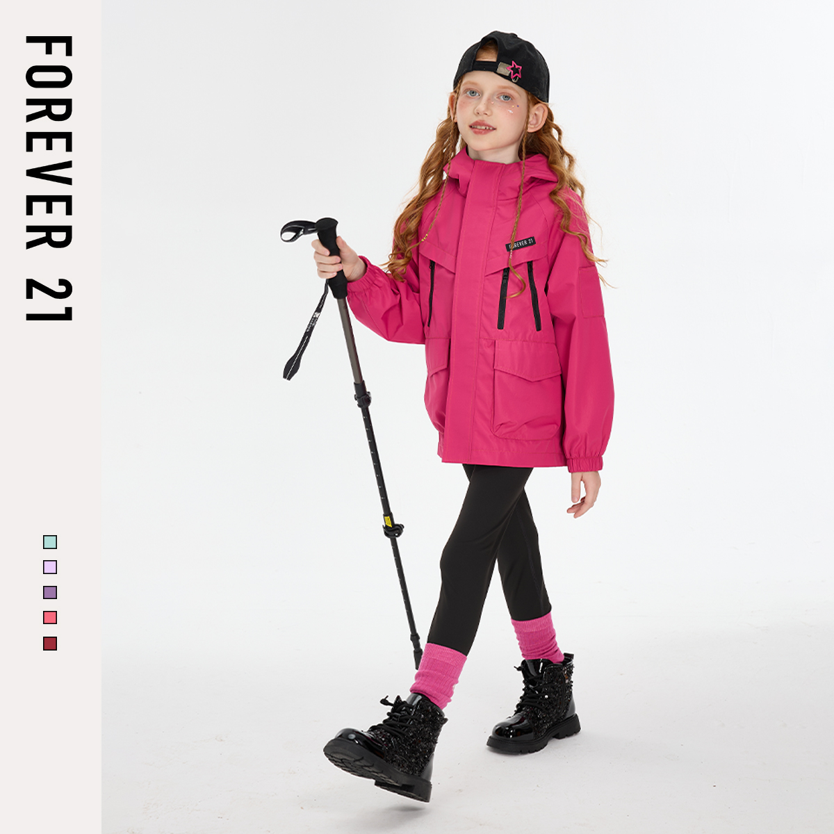 Forever 21女童冲锋衣外套2025新款春秋儿童秋装时尚连帽女孩上衣