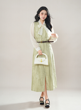 法式复古收腰显瘦绿色背心长裙加气质波点蝴蝶结衬衫春季新款套装