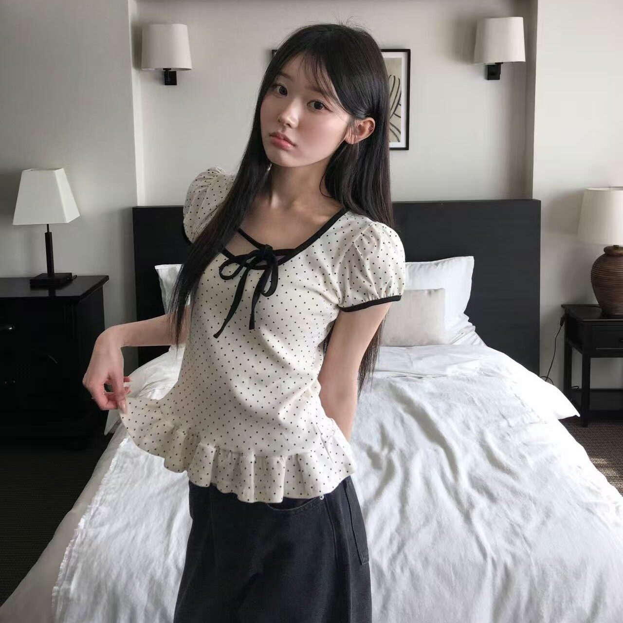 韩国甜美小众设计感短袖女夏修身显瘦百搭绑带T恤上衣