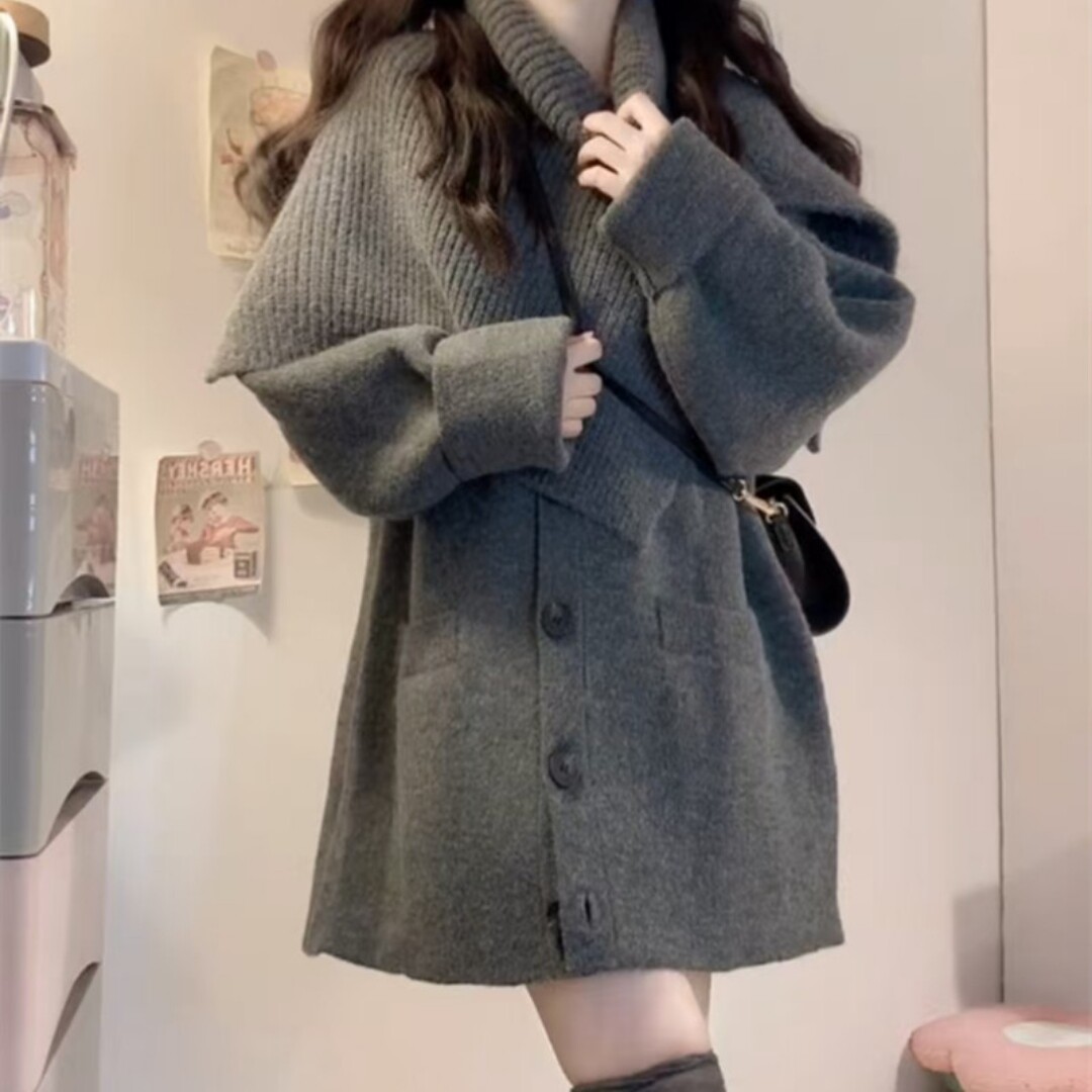 毛衣外套女秋冬新款宽松纯色韩版慵懒风显瘦百搭外穿针织上衣