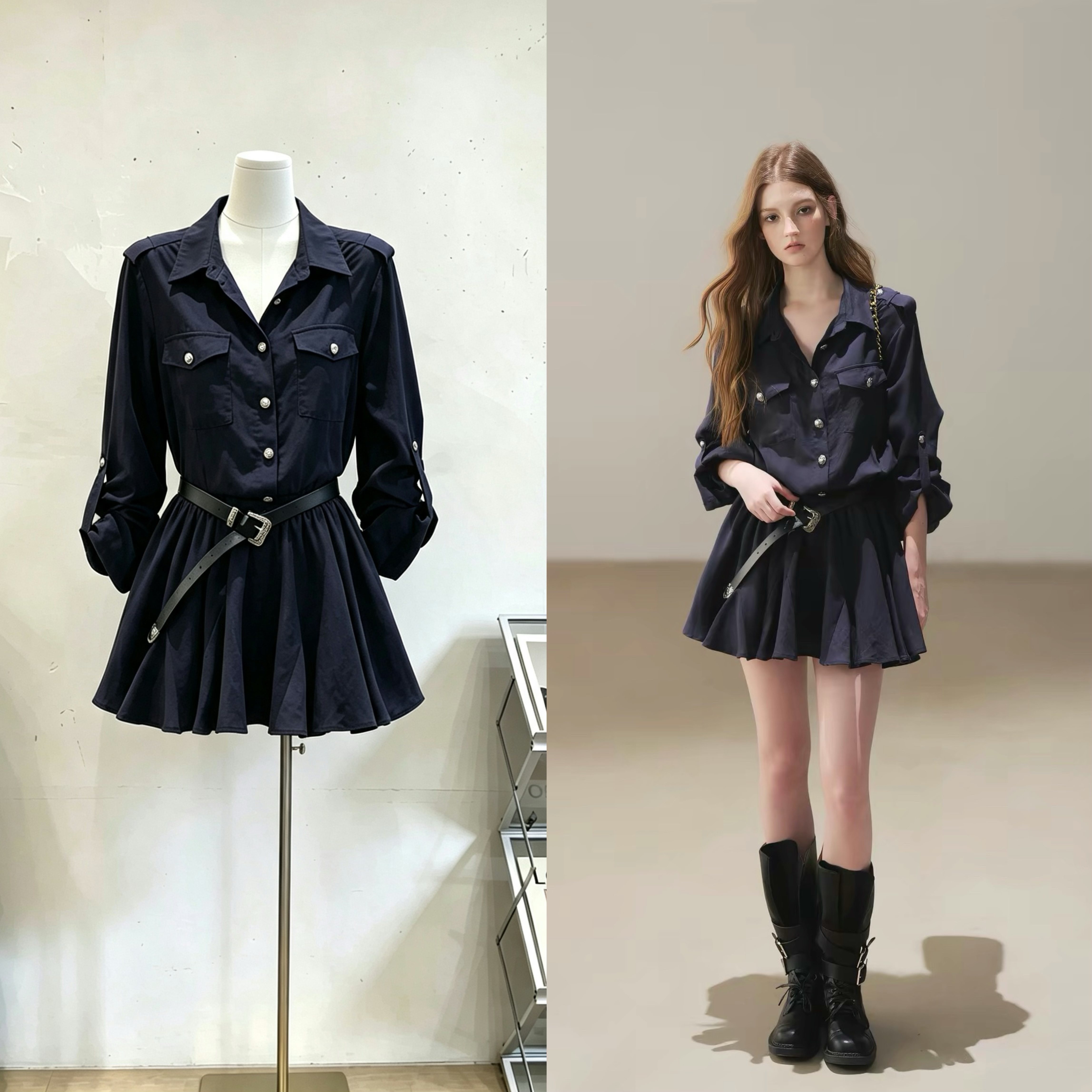 AOMALM少也眼月光沉入海高智感穿搭衬衫连衣裙女秋季蓬蓬裙短裙