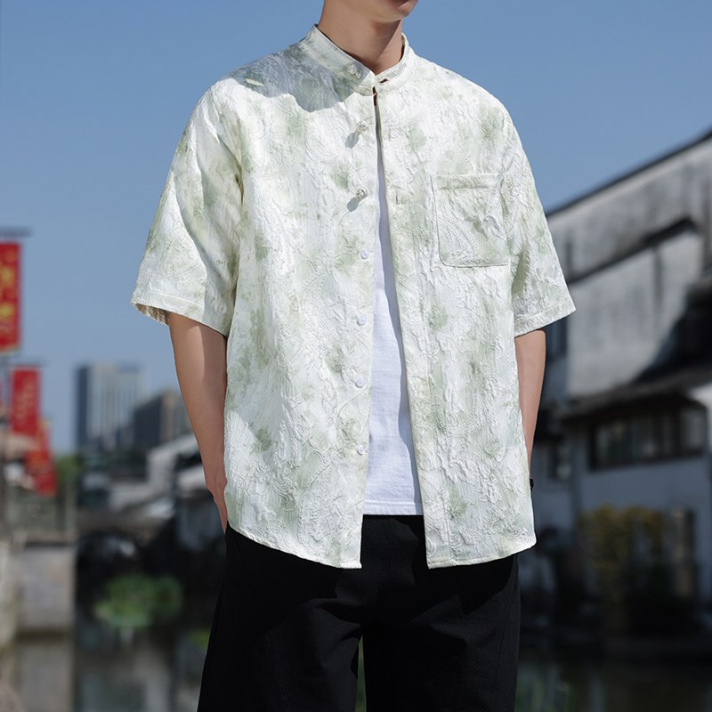 新中式衬衫男短袖高级感提花盘扣上衣夏季中国风复古扎染唐装汉服