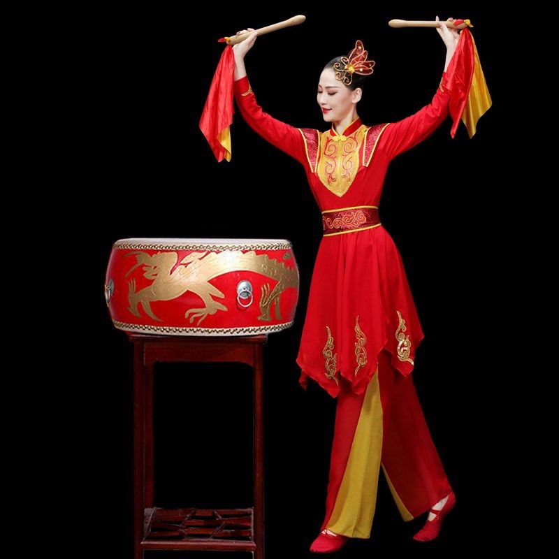 新款打鼓演出服装女红色战鼓威风锣鼓表演服中老年腰鼓民族秧歌舞图片
