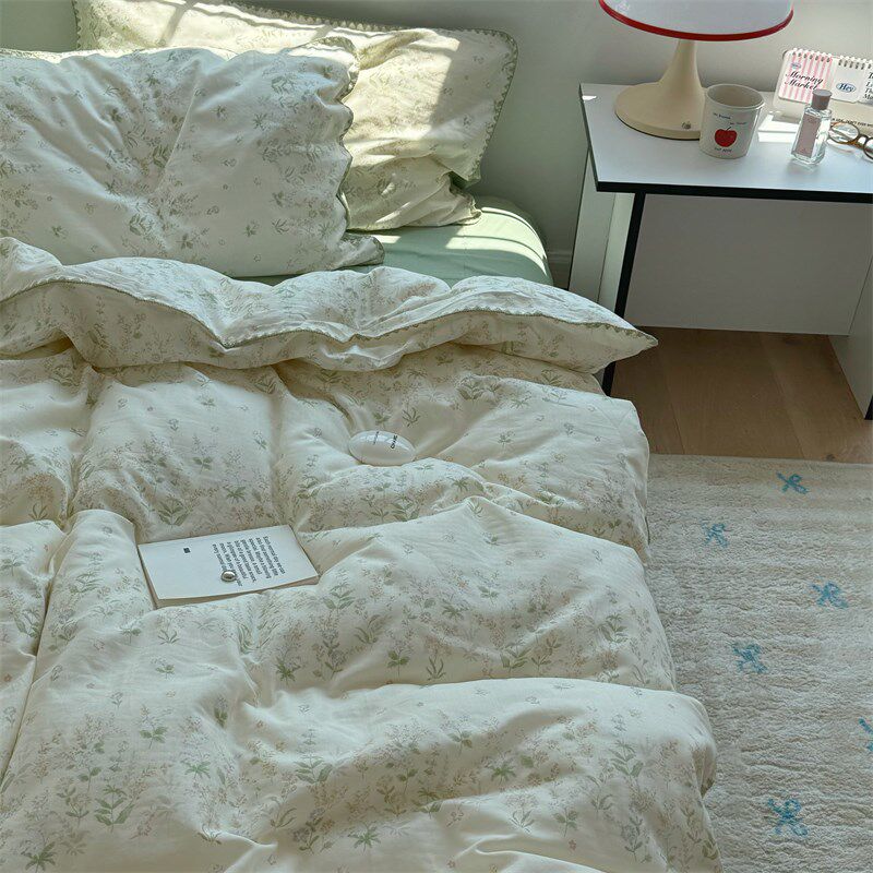 梨梦 一点绿意A类纯棉双层纱四件套全棉床单被套单人宿舍床上用品