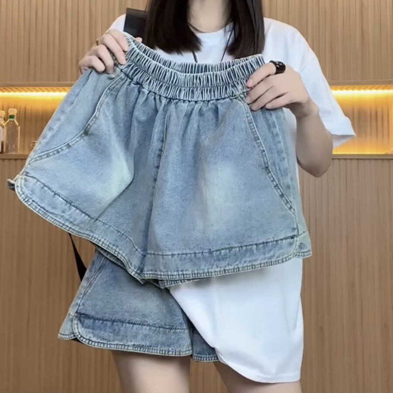 韩版松紧腰牛仔短裤女2024夏薄款宽松高腰显瘦大码A字阔腿热裤子