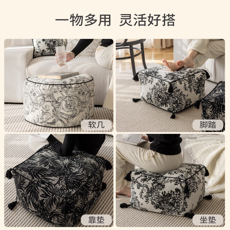 法式黑白杨梅树坐墩中式水墨提花矮凳蒲K团懒人沙发客厅地毯坐垫
