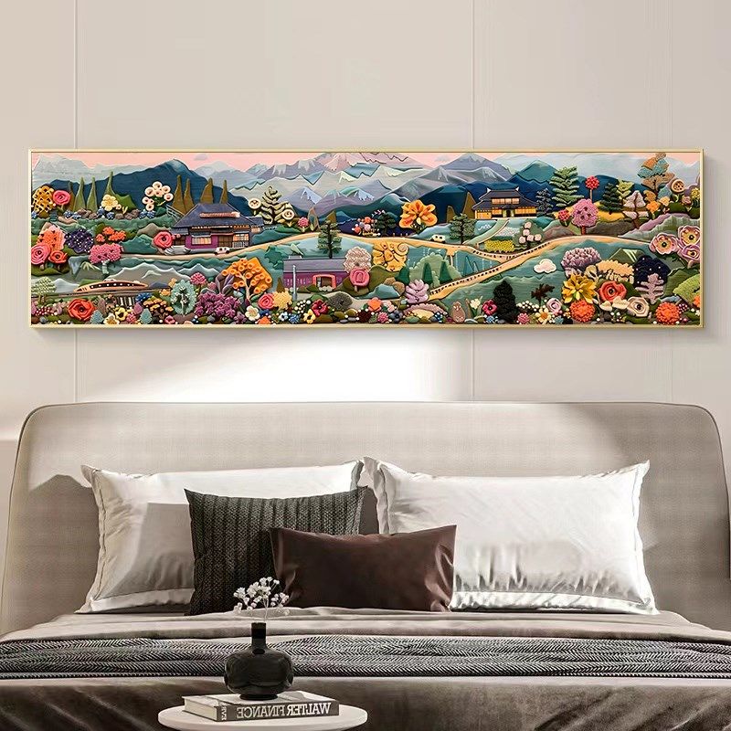 奶油风客厅装f饰画大幅横版沙发背景墙挂画小镇风景立体感卧室壁