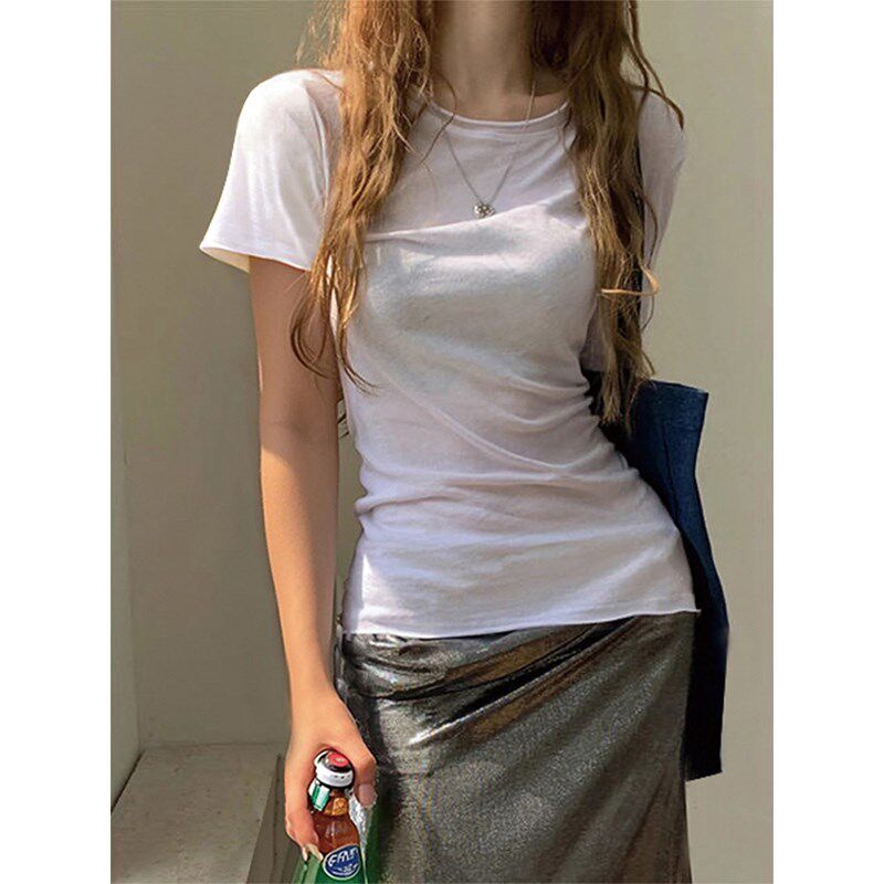 韩系白色圆领正肩短袖t恤女夏季修身内搭打底衫薄款微透体恤上衣