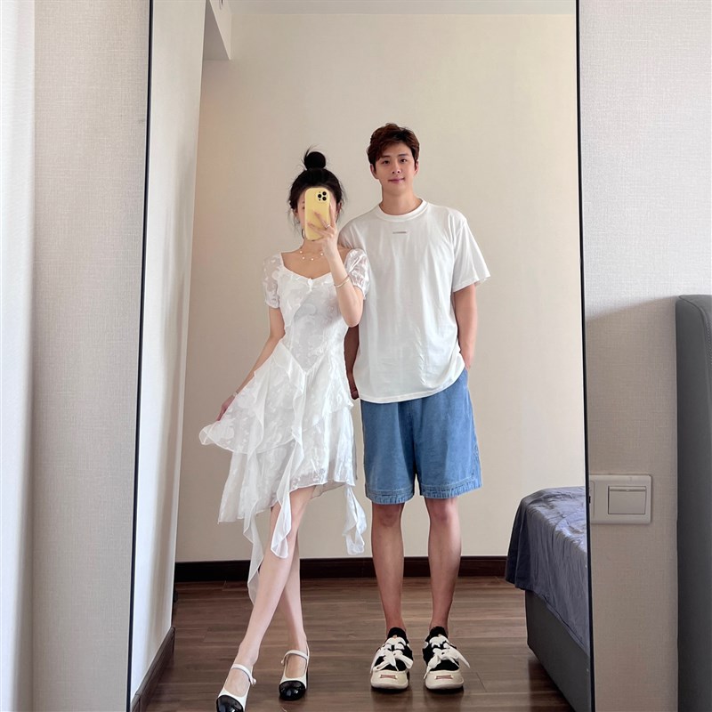 网红款情侣装法式茶歇连衣裙女夏季新款荷叶边不规则短裙一衣一裙