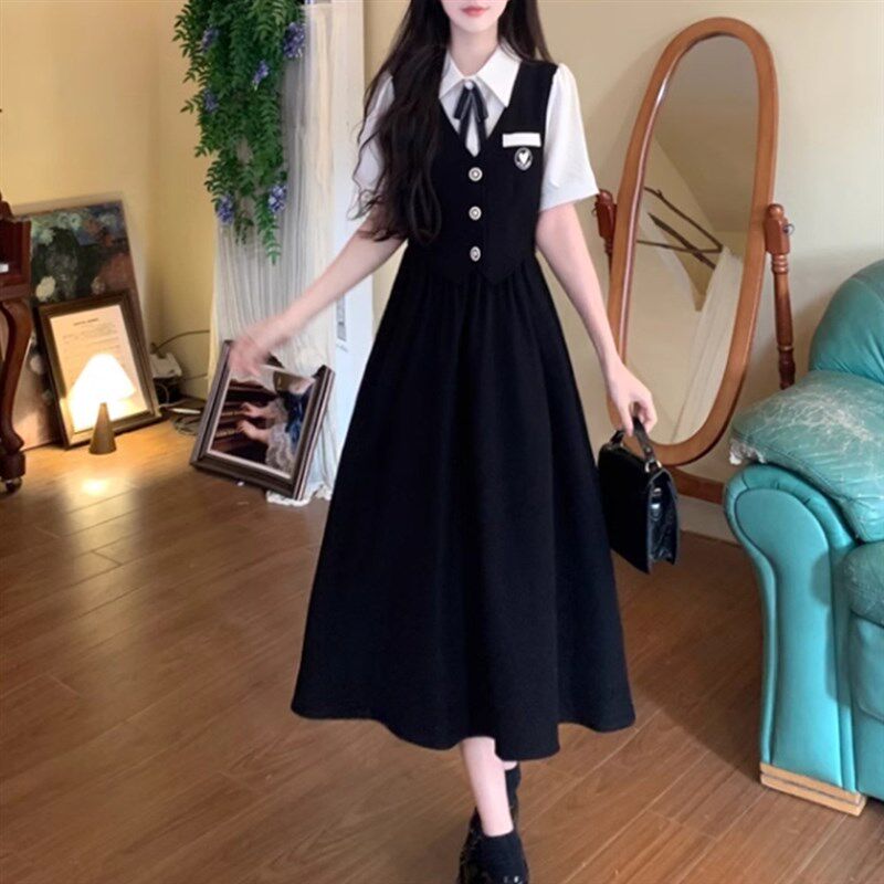 大码学院风短袖衬衣拼接假两件连衣裙夏季新款微胖妹妹减龄长裙子