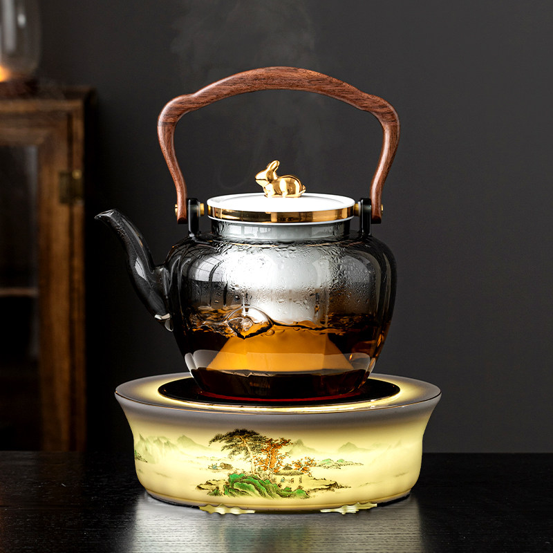 千里江山b煮茶壶玻璃煮茶器泡茶壶陶瓷圆形电陶炉家用提梁壶套装