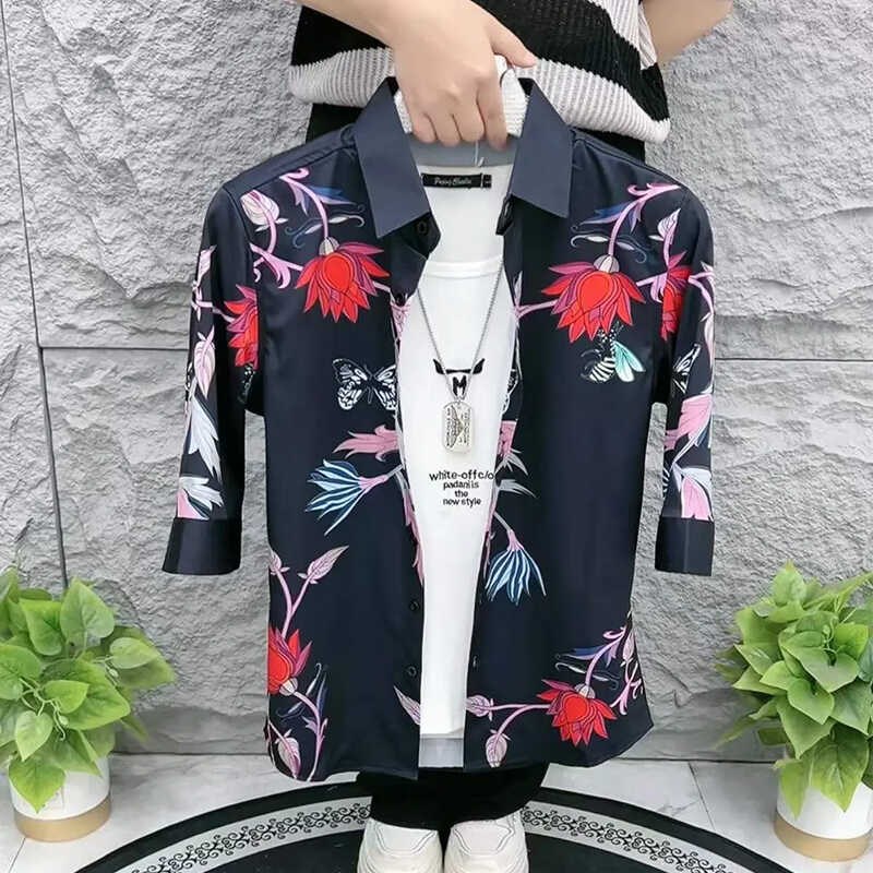 个性花卉印花衬衫男中袖夏t季新款韩版潮流百搭网红七分袖男士衬