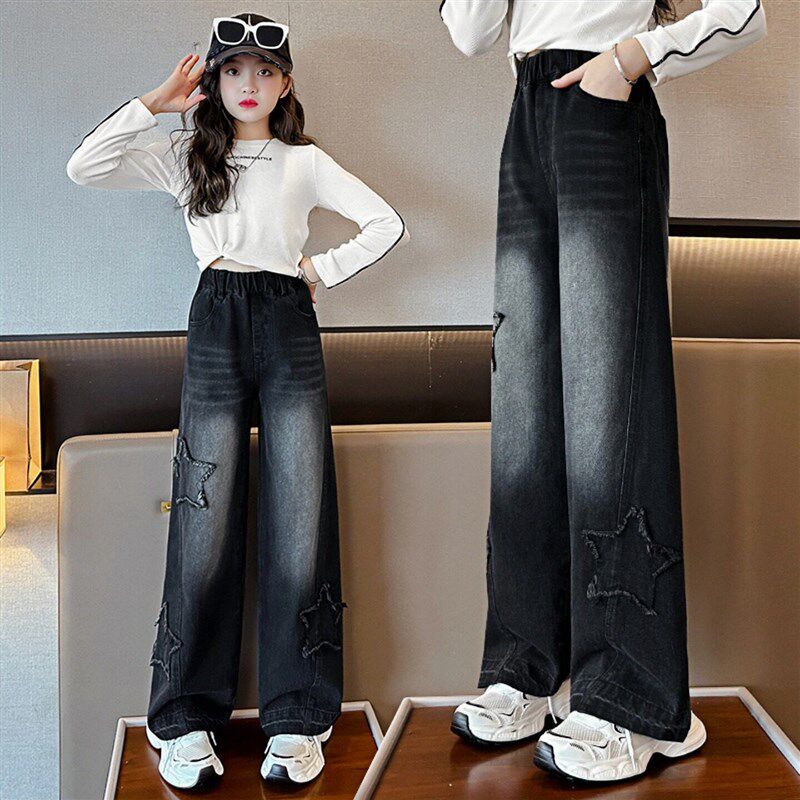女童裤子春秋2025新款儿童洋派黑色大童宽松直筒宽裤女孩牛仔裤