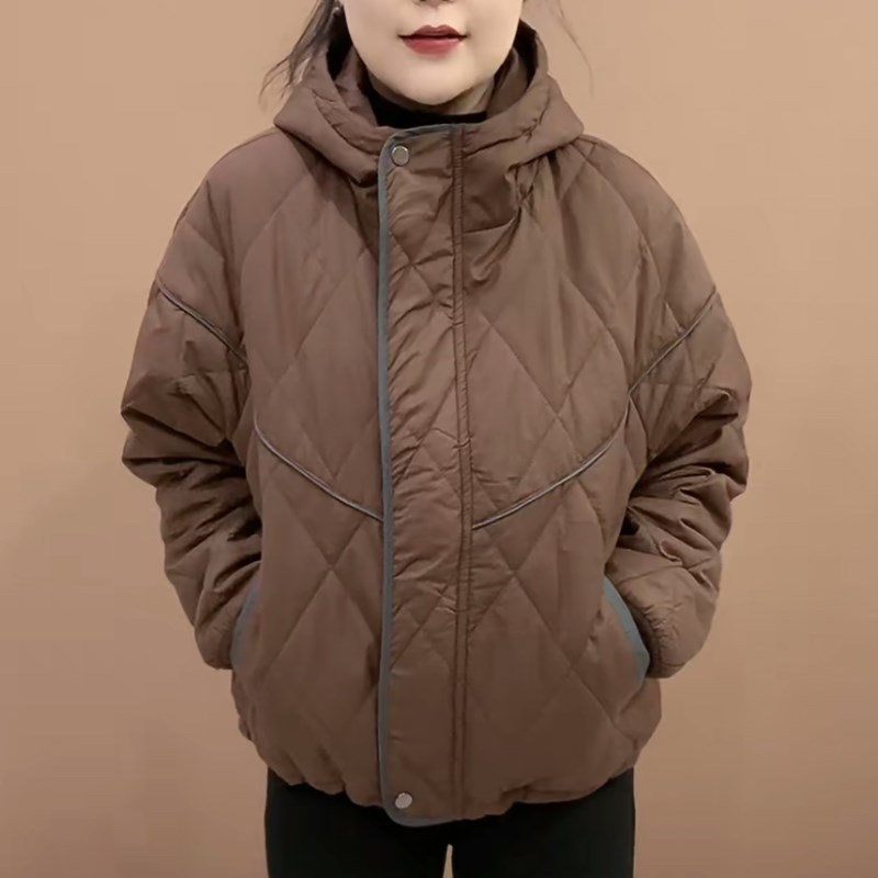 休闲通勤连帽宽松棉衣2024秋冬季拼接女士保暖棉服外套中年妈妈装