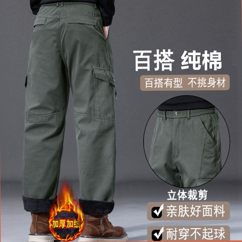 冬季棉布工装裤男宽松直筒加绒加厚保暖松紧腰高腰多袋爸爸休闲裤