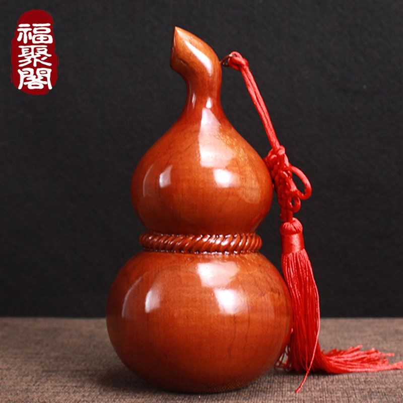 桃木葫芦摆件福字中国结招财实心木雕挂件镇宅P客厅木质家居装饰