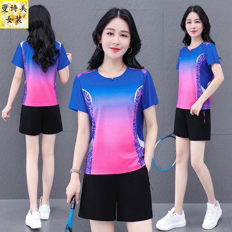 冰丝速干运动服套装女夏季2025年新款中年妈妈宽松短袖短裤两件套