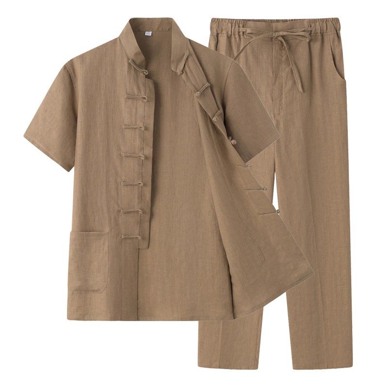 唐装男中老年夏装短袖套装唐端亚麻潮款中国风新中式太极服禅服男