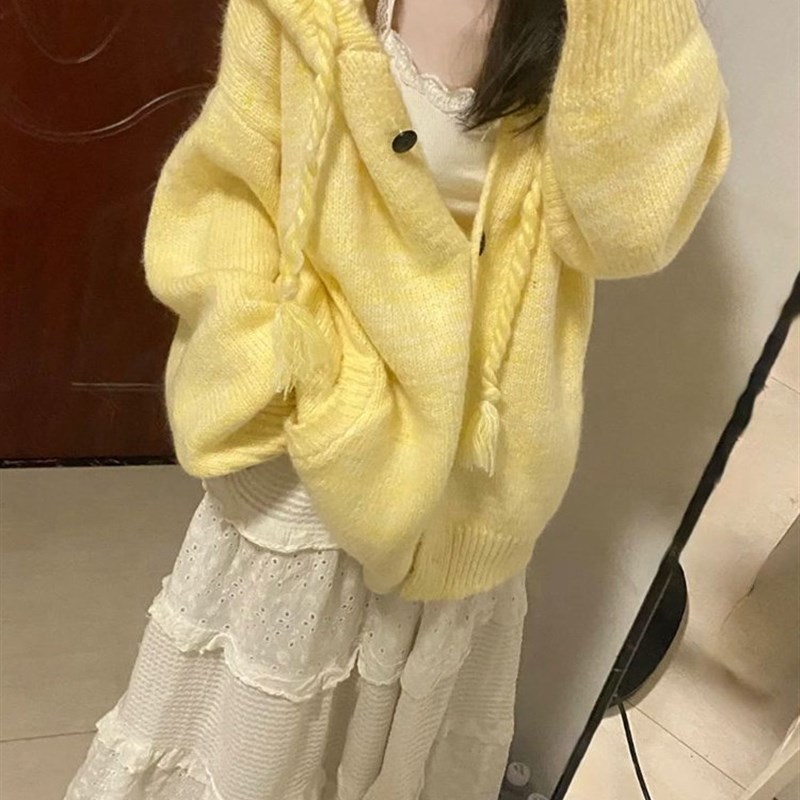 奶黄色!软糯韩系连帽毛衣开衫女外套2025秋装新款宽松针织衫上衣