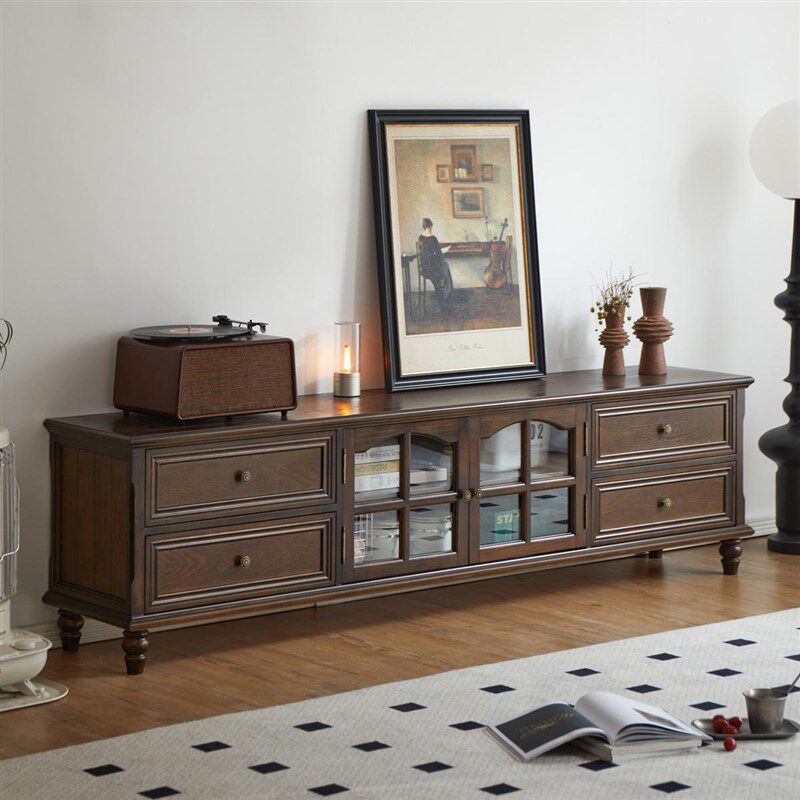 美式乡村全实木胡桃色电视柜组合客厅小户型地柜茶几组合墙电视机