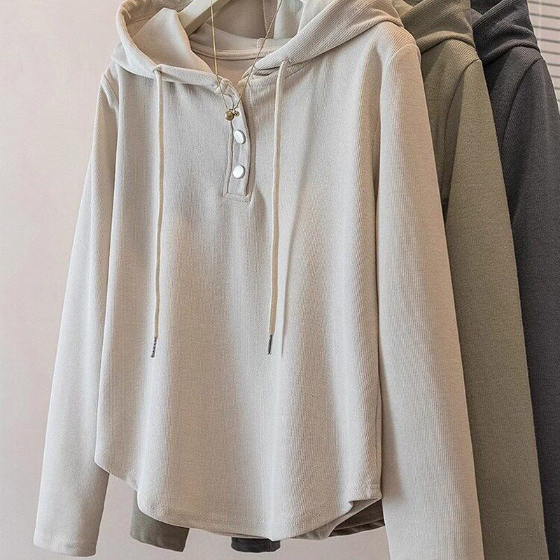 大码灰色正肩连帽卫衣外套女2025新款胖mm显瘦长袖T恤休闲风上衣