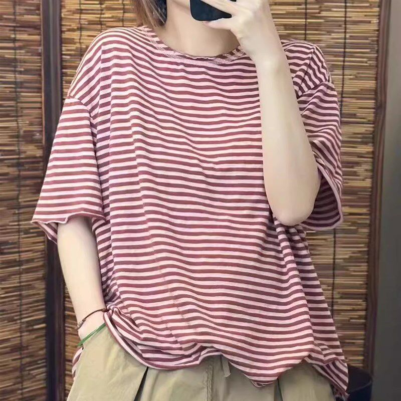 夏季新款休闲百搭纯棉短袖T恤女文艺范细条纹圆领套头打底衫上衣