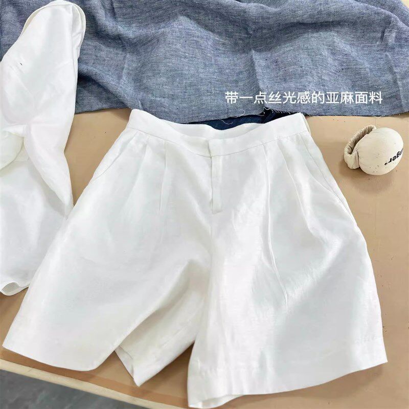 白色亚麻棉麻休闲西装短裤女夏季小个子高腰直筒阔腿五分裤中裤子