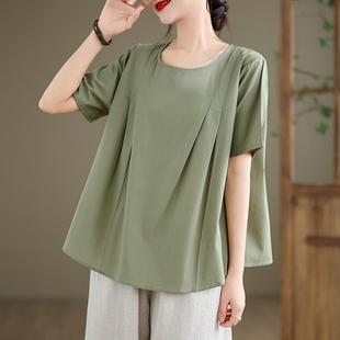 胖mm纯色褶皱亚麻短袖t恤女夏季大码宽松休闲圆领遮肚上衣娃娃衫