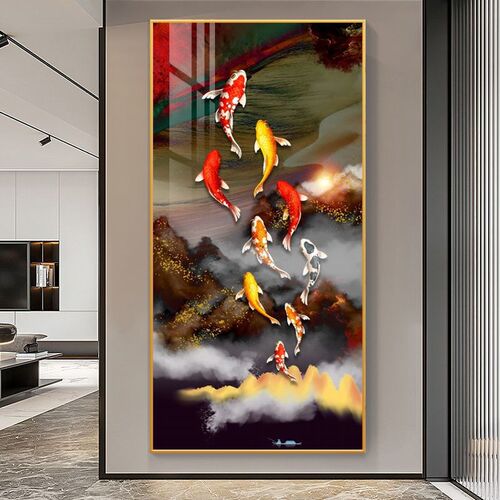 现代简约入户玄关装饰画正v对门走廊过道竖版挂画九鱼图寓意好壁