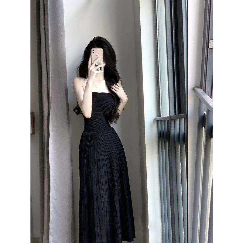 2025春秋季纯欲风收腰修身辣妹抹胸长裙子女显瘦气质高级感连衣裙