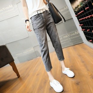 弹力九分老爹裤 高腰牛仔裤 八分裤 韩版 女潮 2024春秋新款 破洞哈伦裤