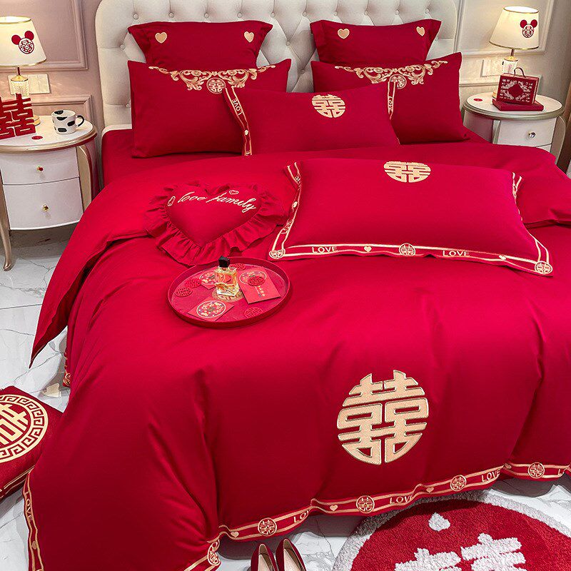 中式龙凤刺绣时尚婚庆四件套结婚大红色床单Q被套陪嫁床上用品