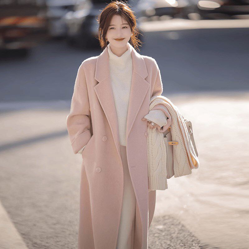 粉色双面羊绒大衣女2024秋冬新款高级感中长款超好看宽松毛呢外套