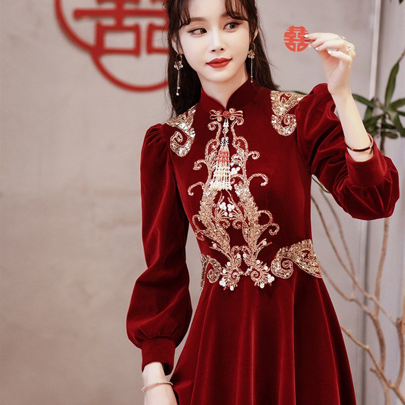 敬酒服新娘2022年大码立领秋冬高腰晚礼服订婚回门服长款礼服裙女