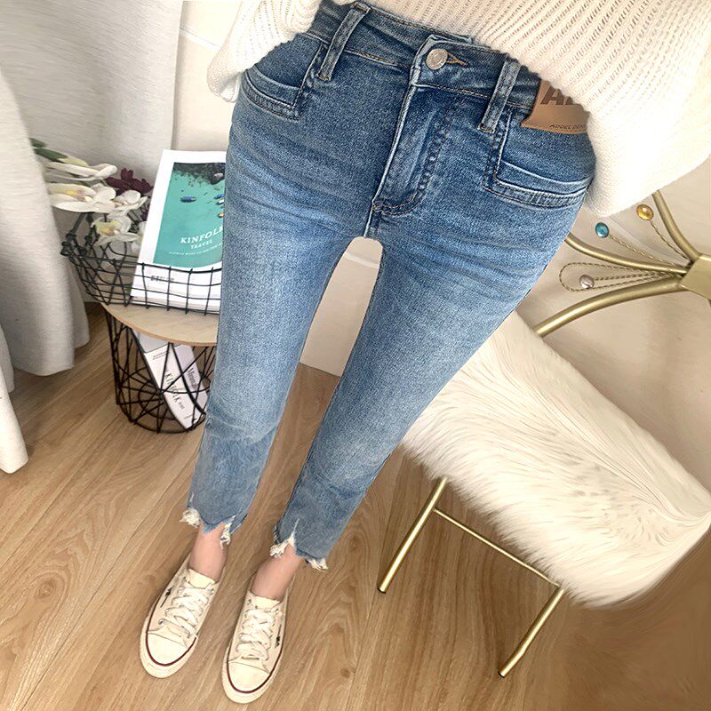 推荐!时尚脚口磨破九分烟管裤女时尚小个子八分修身小直筒牛仔裤