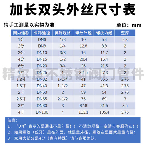 304不锈钢双头外丝管外丝接头水管4分6分1寸1米I5 2米1800 DN15 2