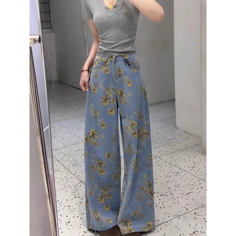 大码胖mm美式复古花朵印花阔腿牛仔裤女夏季设计感宽松垂感拖地裤