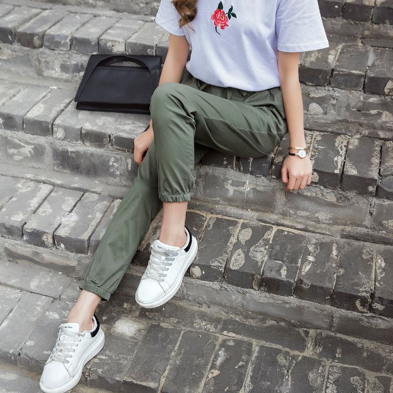 军绿色裤子女夏季薄款工装裤女小个子束脚运动休闲裤九分哈伦小脚